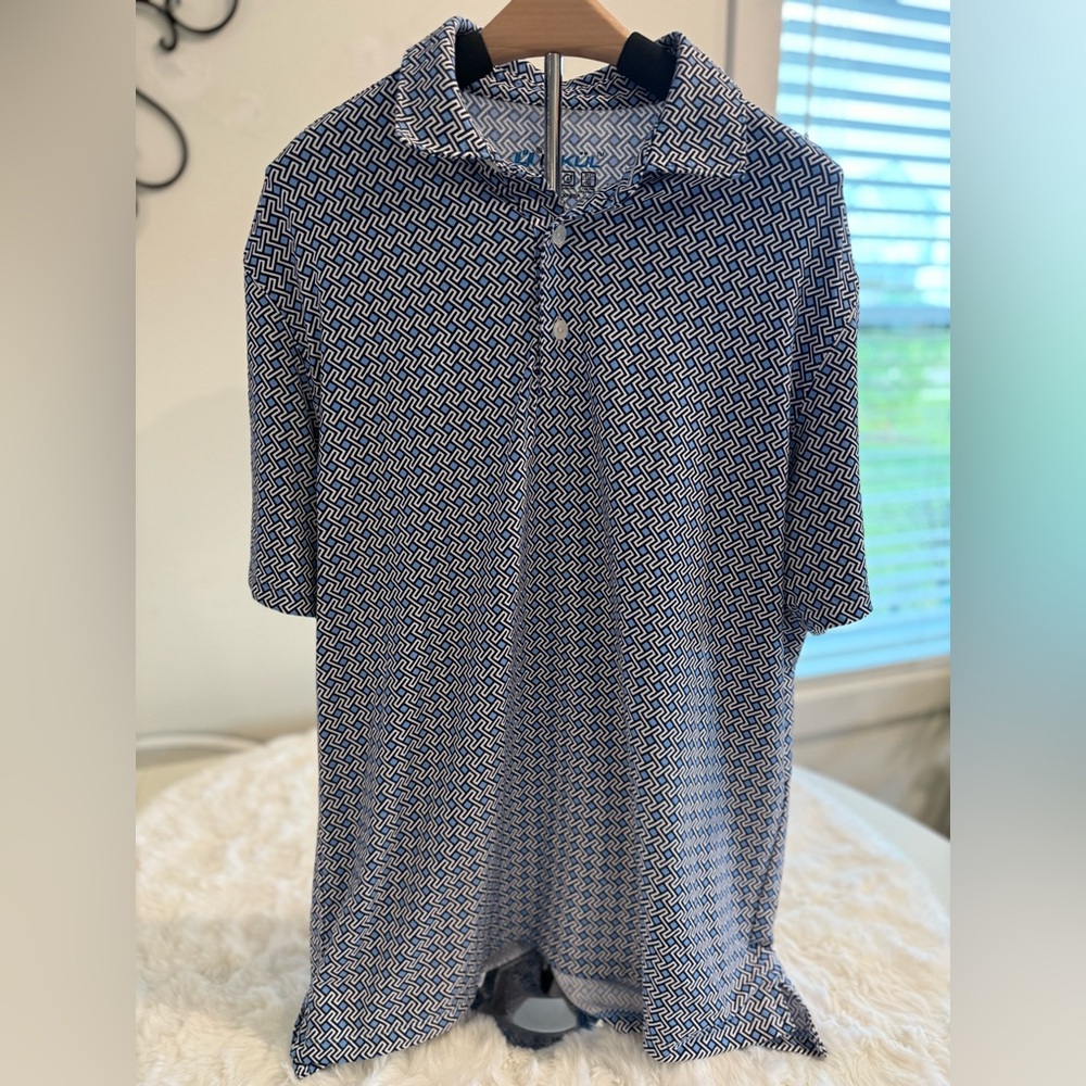 IBKÜL Men’s Polo Golf Shirt | Blue Geometric Print | Size Large | UPF 50+